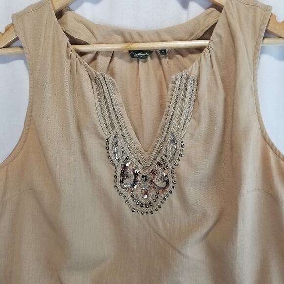 Eddie Bauer Tank Top Womens Medium Tan Sleeveless Tank Top Split Neck Sequins - Picture 2 of 7